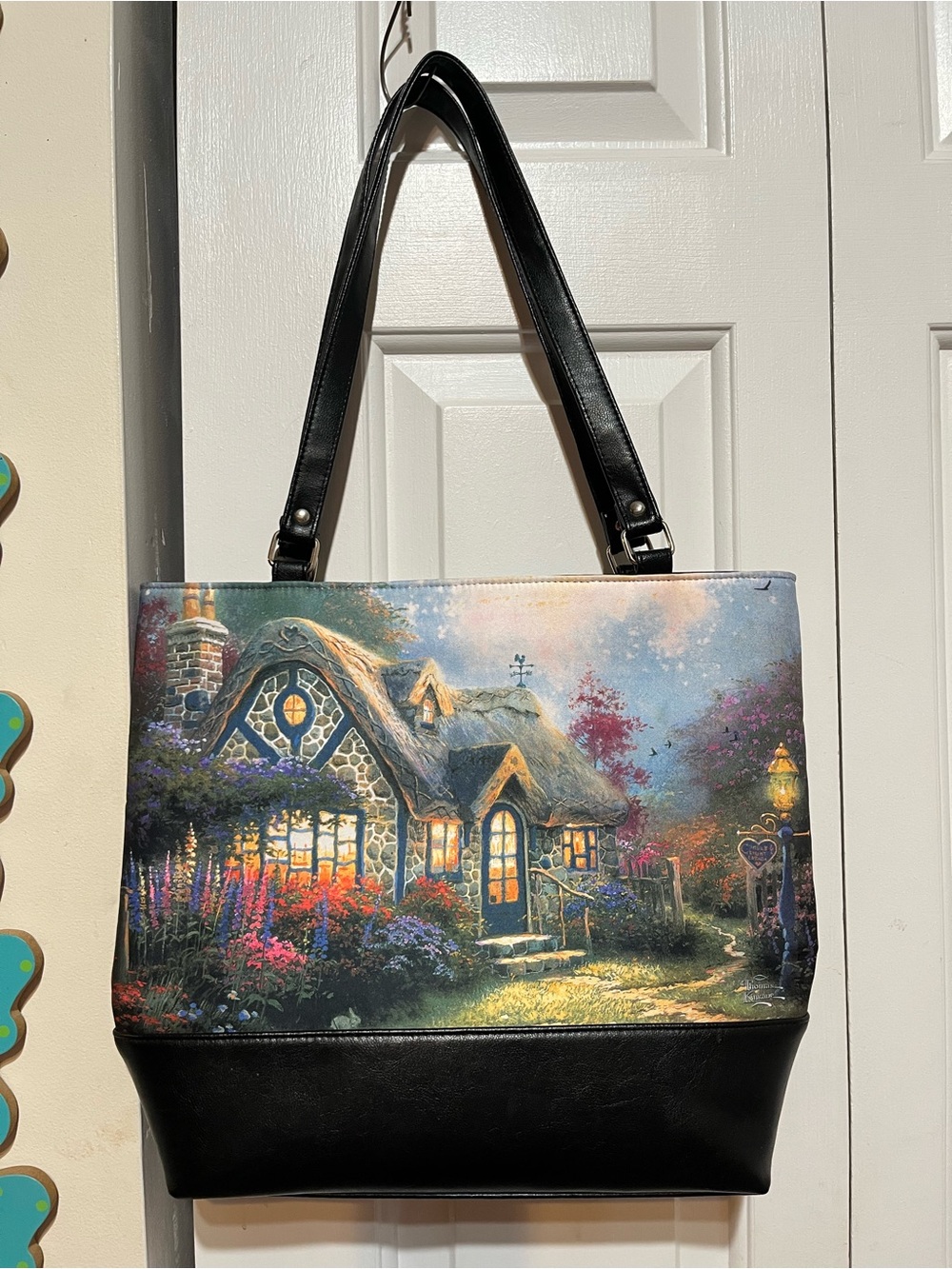 Thomas Kinkade Candlelight Cottage Tote Bag Purse Tapestry Faux Leather